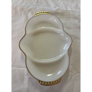Vintage Fire King OvenWare White Milk Glass Gold Trim Platter Dish Candy Trinket